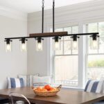 47.2'' Kitchen Island Light Fixtures, 6-Light Dining Room Light Fixture Chandelier Over Table, Black Modern Rustic Wood Ceiling Pendant Light Fixtures, with Clear Glass Shade, Farmhouse Chandelier - Image 8