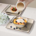 Herogo Stoneware Plates and Bowls Sets for 4, 12 Pieces Modern Square Dinnerware, Reactive Glaze Dishes Set for Kitchen, Chip Resistant, Microwave & Dishwasher Safe, Cream Khaki - Image 8