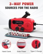 Hand Crank Emergency Radio - 2000mAh/7400mWh AM/FM/NOAA Solar Hand Crank Emergency Radio with 3 LED Flashlights, SOS Function for Emergencies, Camping - Red - Image 7