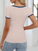 ANRABESS Women Short Sleeve Tops Square Neck Ribbed Knit Color Block T Shirts Fitted Casual Summer 2025 Trendy Basic Tees - Image 5