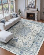 Area Rugs 5'x7' Washable Non-Slip, Floral Vintage Distress Print Pattern Medallion Carpet for Living Room Bedroom Dining Room, Light Blue Navy Beige Gray White - Image 10