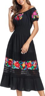 YZXDORWJ Women's Mexican Dress Floral Embroidered Casual Lace Ruffle Maxi Dress - Image 3