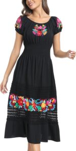 YZXDORWJ Women's Mexican Dress Floral Embroidered Casual Lace Ruffle Maxi Dress - Image 4