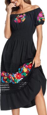 YZXDORWJ Women's Mexican Dress Floral Embroidered Casual Lace Ruffle Maxi Dress - Image 5