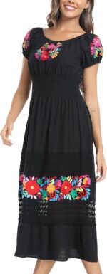 YZXDORWJ Women's Mexican Dress Floral Embroidered Casual Lace Ruffle Maxi Dress - Image 8