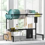 Over The Sink Dish Drying Rack - Adjustable 2 Tier Large Capacity Stainless Steel Drainer with Cutlery & Utensil Holders, Kitchen Storage & Organization, 30"-33.9" L x 11" W x 21.5" H, Black - Image 4