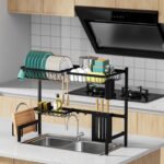 Over The Sink Dish Drying Rack - Adjustable 2 Tier Large Capacity Stainless Steel Drainer with Cutlery & Utensil Holders, Kitchen Storage & Organization, 30"-33.9" L x 11" W x 21.5" H, Black - Image 5