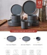 Famiware Nebula Ridge Stoneware Dinnerware Sets, Plates and Bowls Sets for 4, 12 Pieces Dishes Set, Microwave and Dishwasher Safe Kitchen Plates, Charcoal - Image 3