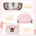 MR. CHOU Food-Grade Stainless Steel Baby Bowls with Leakproof Tempered Glass Lid, First Stage Baby Led Weaning Supplies for Boys & Girls, Silicone Suction Bowls for Baby Feeding (Pink) - Image 3
