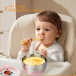 MR. CHOU Food-Grade Stainless Steel Baby Bowls with Leakproof Tempered Glass Lid, First Stage Baby Led Weaning Supplies for Boys & Girls, Silicone Suction Bowls for Baby Feeding (Pink) - Image 7