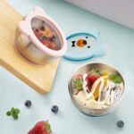 MR. CHOU Food-Grade Stainless Steel Baby Bowls with Leakproof Tempered Glass Lid, First Stage Baby Led Weaning Supplies for Boys & Girls, Silicone Suction Bowls for Baby Feeding (Pink) - Image 8