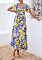 PRETTYGARDEN Boho Dresses for Women 2025 Summer Floral Short Sleeve V Neck Smocked Flowy Beach Vacation Maxi Dress - Image 3