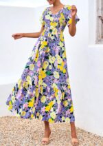 PRETTYGARDEN Boho Dresses for Women 2025 Summer Floral Short Sleeve V Neck Smocked Flowy Beach Vacation Maxi Dress - Image 4