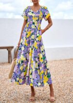 PRETTYGARDEN Boho Dresses for Women 2025 Summer Floral Short Sleeve V Neck Smocked Flowy Beach Vacation Maxi Dress - Image 5