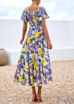 PRETTYGARDEN Boho Dresses for Women 2025 Summer Floral Short Sleeve V Neck Smocked Flowy Beach Vacation Maxi Dress - Image 6