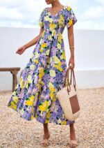 PRETTYGARDEN Boho Dresses for Women 2025 Summer Floral Short Sleeve V Neck Smocked Flowy Beach Vacation Maxi Dress - Image 8