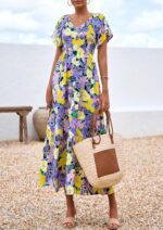 PRETTYGARDEN Boho Dresses for Women 2025 Summer Floral Short Sleeve V Neck Smocked Flowy Beach Vacation Maxi Dress - Image 9