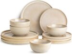 Stoneware Dinnerware Sets for 4, 12-Piece Scratch Resistant Plates and Bowls Set, Dishwasher and Microwave Safe Ceramic Dishes Set, Ribbed, Sculpted Dune - Image 7