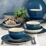 Elama Gia 24 Piece Round Stoneware Dinnerware Set in Dark Blue - Image 8