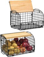 2 Set Stackable Wire Basket with Openable Top, Kitchen Counter, Pantry Organizer and Storage Produce Onion Potato Fruits Vegs Bread Food Snack Spice Organizing Bin for Cabinet Shelf Countertop Floor - Image 2