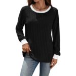 European And American Autumn And Winter Round Neck Contrast Color Long Sleeves Sunken Stripe T-shirt - Image 10