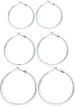 3 Pairs Sterling Silver Hoop Earrings, 14K White Gold Plated Big Hoop Earrings Set for Women 40 50 60MM - Image 2