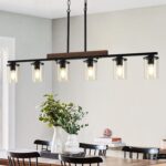 47.2'' Kitchen Island Light Fixtures, 6-Light Dining Room Light Fixture Chandelier Over Table, Black Modern Rustic Wood Ceiling Pendant Light Fixtures, with Clear Glass Shade, Farmhouse Chandelier - Image 2