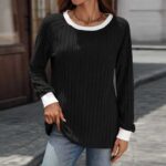 European And American Autumn And Winter Round Neck Contrast Color Long Sleeves Sunken Stripe T-shirt - Image 8