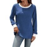 European And American Autumn And Winter Round Neck Contrast Color Long Sleeves Sunken Stripe T-shirt - Image 4