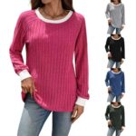European And American Autumn And Winter Round Neck Contrast Color Long Sleeves Sunken Stripe T-shirt - Image 5