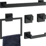 5-Piece Matte Black Bathroom Accessories Set, SUS304 Stainless Steel Wall Mounted 16 Inch Hand Towel Bar, Toilet Paper Holder, Towel Ring, Towel Hooks, Bathroom Hardware Set, Towel Bar Set - Image 2