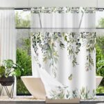 71x84Inches, No Hook Shower Curtain with Snap in Liner Set, Sage Green Eucalyptus Leaf Butterfly Bath Curtain with Botanical Plant for Bathroom - Image 2