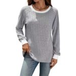 European And American Autumn And Winter Round Neck Contrast Color Long Sleeves Sunken Stripe T-shirt - Image 2