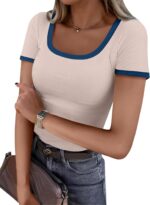 ANRABESS Women Short Sleeve Tops Square Neck Ribbed Knit Color Block T Shirts Fitted Casual Summer 2025 Trendy Basic Tees - Image 2