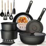 Astercook 21 Pcs Pots and Pans Set Non Stick, Ceramic Cookware Set Detachable Handle, RV Kitchen Cooking Set Removable Handles, Oven Safe, Induction Ready, Stackable Non-stick Set, Black - Image 2