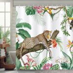 Bonhause Tropical Leopard Shower Curtain, Jungle Cheetah Parrot Palm Leaves Plants Bathroom Decor 72 x 72 Inch Polyester Fabric Waterproof Bath Curtain with 12 Hooks - Image 2