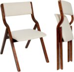 CangLong 18" Dining Chairs Set of 2, Foldable Chairs with Padded Seats and Solid Wood Frame for Dining, Living Room & Meeting Room, Walnut+Beige - Image 2