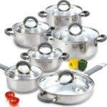 Cook N Home Kitchen Cookware Set, 12-Piece Basics Stainless Steel Pots and Pans Set with Grey Silicone Handle, Silver - Image 2