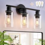 DLLT 3-Light Bathroom Light Fixtures: Black Modern Vanity Lights with 3 E26 Bulbs - Clear Glass Shade Bathroom Wall Lamp for Mirror Kitchen Living Room Hallway Cabinet Porch - Image 2