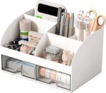 Desk Organizer with 6 Compartments and 2 Drawers, Plastic Makeup Organizer, Pen Holder for Desktop Storage, Desk Organization for School, Home, Office Supplies (White) - Image 2