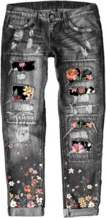 EVALESS Ripped Jeans for Women Plaid Patch Boyfriend Skinny Distressed Denim Jean Pants - Image 2