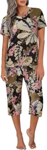 Ekouaer Women's Sleepwear Capri Pajama Sets Short Sleeve Two-Piece Pjs V Neck Tops & Capri Pants with Pockets S-3XL - Image 2