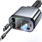 Fast Car Charger 4 in 1 Retractable Car Charger 69W with Starry Light,USB-C Fast Car Accessories,Compatible with All iPhones All Android Phones (GreyLightning+USB-C & PurpleLight) - Image 2