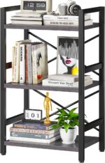 Homeiju Bookshelf, 3 Tier Industrial Bookcase, Metal Small Bookcase, Rustic Etagere Book Shelf Storage Organizer for Living Room, Bedroom, and Home Office(Grey) Patent Pending D29873033 - Image 2