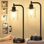 Industrial Table Lamps for Bedrooms Set of 2 - Fully Dimmable Bedside Lamps with USB A and C Ports and Outlet, Black Nightstand Lamps with Glass Shade for Living Room, Desk Lamps for Office Reading - Image 2