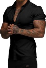 JMIERR Men's Muscle Fit Dress Shirts Summer Casual Button Down Short Sleeve High Stretch Wrinkle-Free Shirt - Image 2
