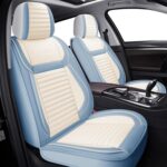 LINGVIDO Car Seat Covers, Breathable and Waterproof Faux Leather Automotive Seat Covers for Cars SUV Truck Sedan,Universal Anti-Slip Seat Cover with Backrest (Full Set, White & Light Blue) - Image 2