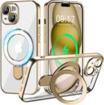 Magnetic for iPhone 15 Case with Invisible Stand[Compatible with MagSafe][Full Camera Lens Protector][Military Drop Protection] Shockproof Not Yellowing Clear Soft Slim for Women Men, Gold - Image 2