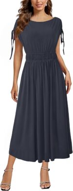 Newshows Womens 2025 Summer Drawstring Cap Sleeve Boat Neck Smocked Casual Vacation Outfits Vestidos Midi Dress - Image 2