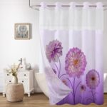No Hook Purple Floral Shower Curtain with Snap in Fabric Liner Set - Elegant Spring Dahlia Flower for Bathroom, Ombre Ringless Double Layer Hotel Style, 71x74 Inches - Image 2